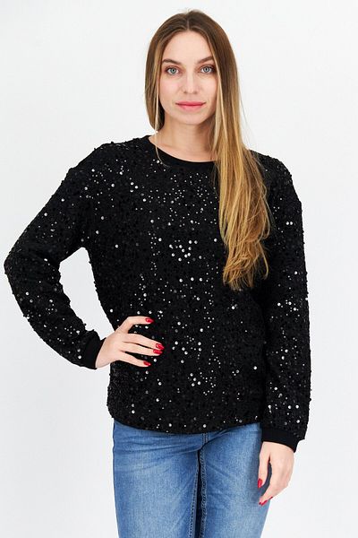 comma Women Round Neck Long Sleeves Textured Top, Black