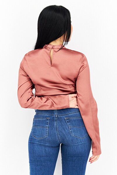 NA-KD Women Crew Neck Textured Long Sleeves Blouse, Brown