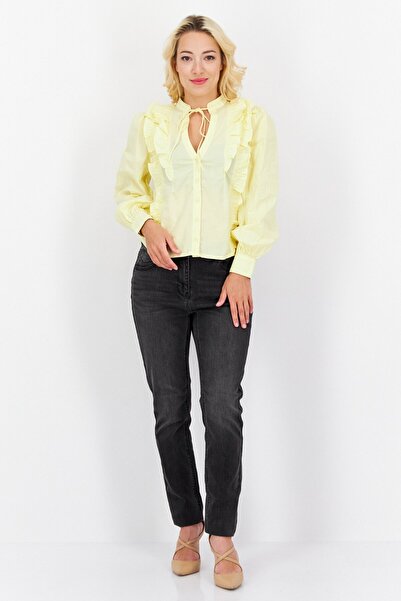 Nobody’s Child Women Tie Neck Long Sleeve Plain Blouse, Yellow