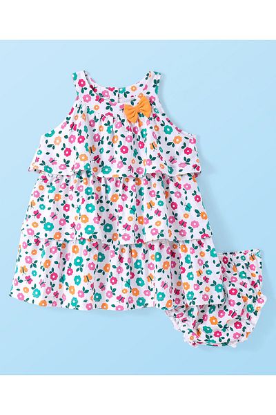 Babyhug فستان Babyhug Single Jersey محبوك بدون أكمام مع طبعة زهور - أبيض ووردي وأخضر