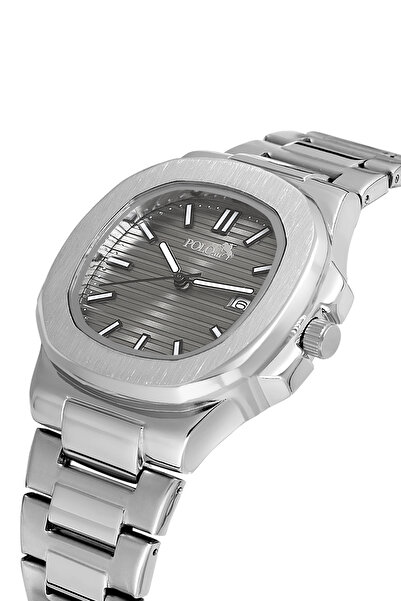 Polo Air ساعة يد رجالية بمشبك مزدوج وتقويم مربع اللون باللون الرمادي الفضي PL...