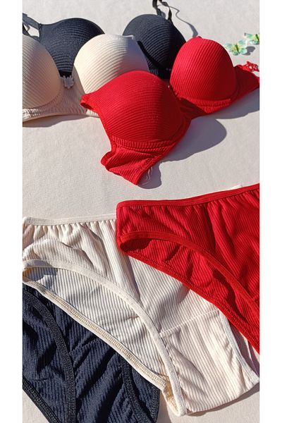siyalife Ribbed Padded 3-Piece Bra and Panty Underwear Set