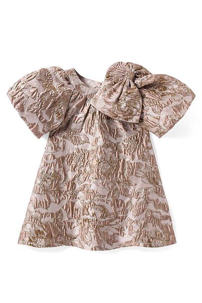 Bonfino Bonfino Woven Half Raglan Sleeves Textured Party Frock With Bow Applique - Beige