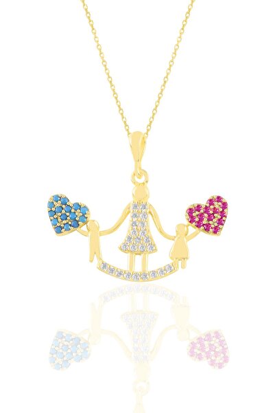 Söğütlü Silver Gümüş altın yaldızlı kök yakut ve turkuaz taşlı kalpli anne ve...