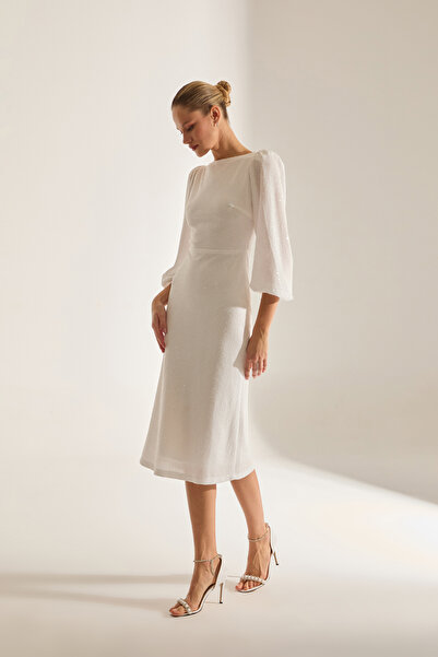 BETTY & SAM NICOLE Işıltılı Payet BEYAZ Balon Kol Midi Elbise