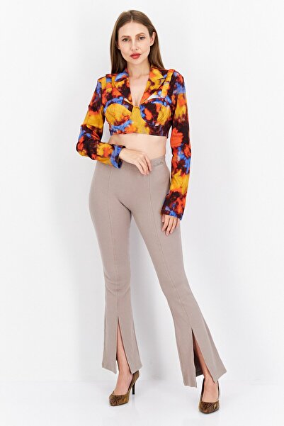 NA-KD Women Notched Collar Long Sleeve Tie Dye Blouse, Orange