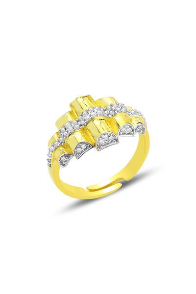 Söğütlü Silver Gümüş altın yaldızlı zirkon taşlı piramit modeli ayarlamalı yü...