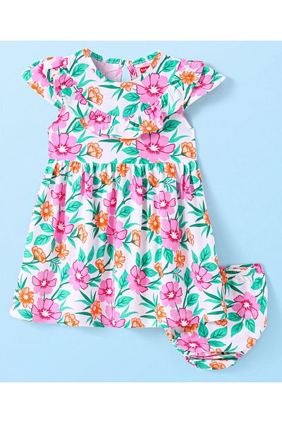 Babyhug فستان Babyhug Single Jersey محبوك بأكمام قصيرة مع تفاصيل كشكشة وطبعة زهور - متعدد الألوان