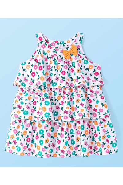 Babyhug فستان Babyhug Single Jersey محبوك بدون أكمام مع طبعة زهور - أبيض ووردي وأخضر