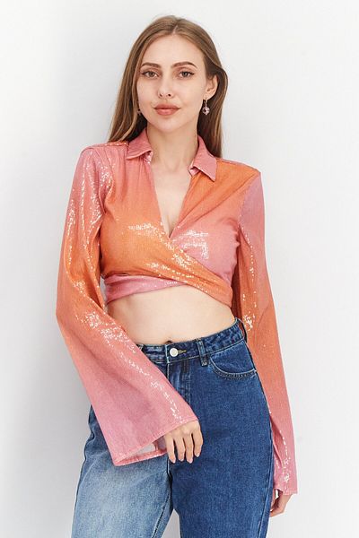 NA-KD Women Spread Collar Long Sleeve Textured Blouse Top, Pink Combo