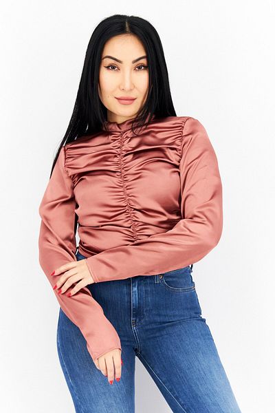 NA-KD Women Crew Neck Textured Long Sleeves Blouse, Brown