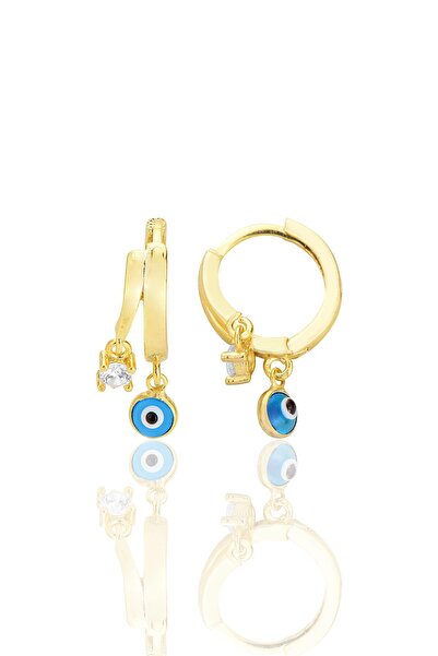 Söğütlü Silver Gümüş altın yaldızlı zirkon taşlı nazarlı halka küpe SGTL12706GOLD