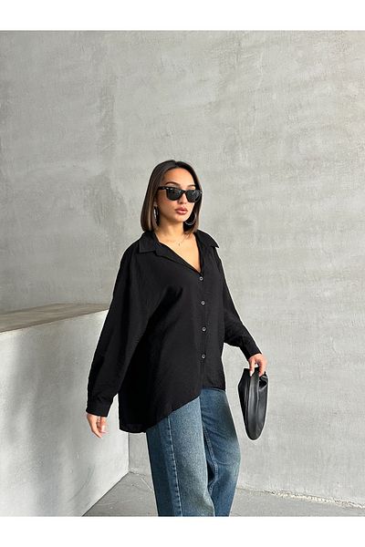 BEJNA Schwarzes, strukturiertes, drapiertes Oversize-Hemd für Damen