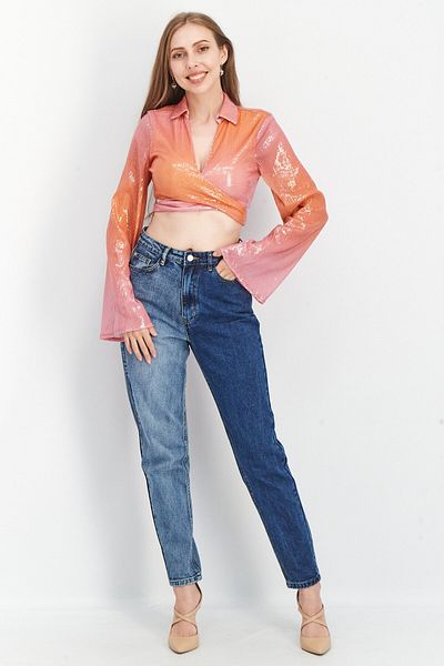 NA-KD Women Spread Collar Long Sleeve Textured Blouse Top, Pink Combo