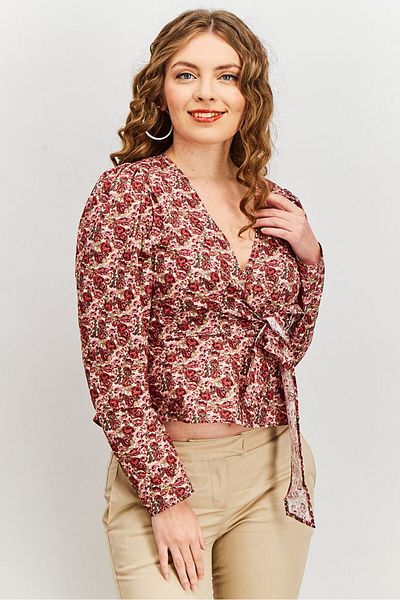 NA-KD Women Surplice Neck Long Sleeves Floral Print Wrap Top, Red