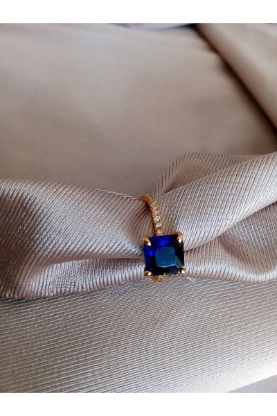Pervin Ablacım Gold Elegant Steel Adjustable Ring with Dark Blue Rectangular Stone