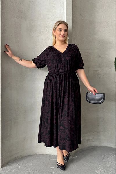 Stil Diva Plus Size Short Sleeve V Neck Front Button Elastic Waist Dress 303699
