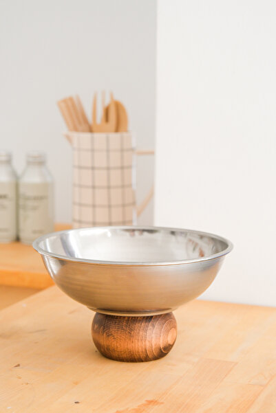 Beige & Stone Metal 22 cm Salad Corn Fruit Presentation Bowl with Wooden Legs