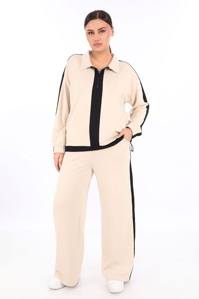 zitex Modal Fabric Tracksuit Set with Zippered Collar Side Stripe Adjustable Elastic Waist