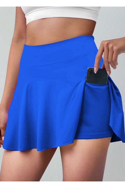 LADY HAZAL Fusta cu talie înaltă Blue Darkalıp Slimfit Mini fustă de tenis cu jambiere din țesătură din poliamidă la atingere moale