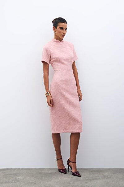 Sateen Dik Yaka Tüvit Elbise - Pudra