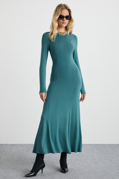 GRIMELANGE NUVIA Kadın Viscon Yuvarlak Yaka Slim Fit Yeşil Elbise