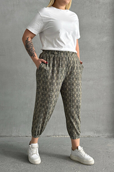 Stil Diva Large Size Patterned Pocket Trousers with Elastic Waist and Legs 303301
