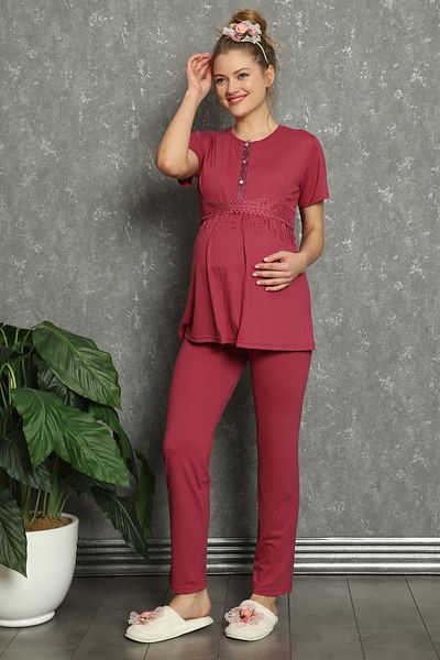 ERDENİZ TEKSTİL Maternity-Maternity Pajamas Set with Short Sleeve Viscose Fabric Button Collar