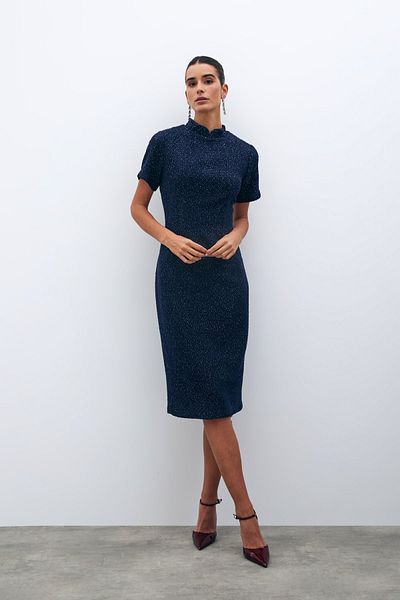 Sateen Rochie din tweed cu guler stand - bleumarin