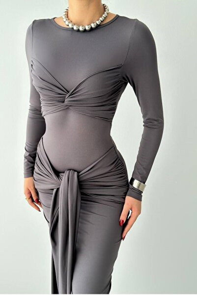 barış sülün lovebox Γυναικείο ελαστικό αμμώδες ύφασμα με κορδόνι και δέσιμο στη μέση Midi καπνιστό φόρεμα 311