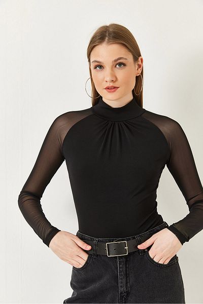 Bianco Lucci Women's Half Turtleneck Tulle Detailed Sandy Fabric Blouse 7187 60261335