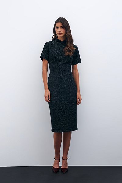 Sateen Rochie din tweed cu guler stand - neagră