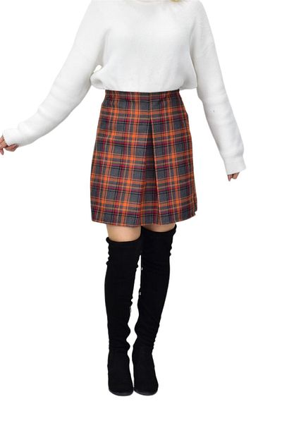 BAGLAN Orange Smoked Plaid Women's Shorts Skirt - Mnso-38