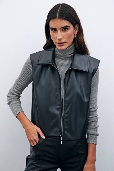 Sateen Δερμάτινο γιλέκο με φερμουάρ - Μαύρο