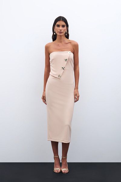 Sateen Rochie fără bretele cu accesorii pentru nasturi - bej