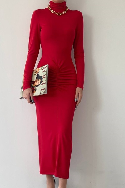 bayansepeti Червона тканина Sandy Рибальський комір Зібраний дизайн Midi Вечі...