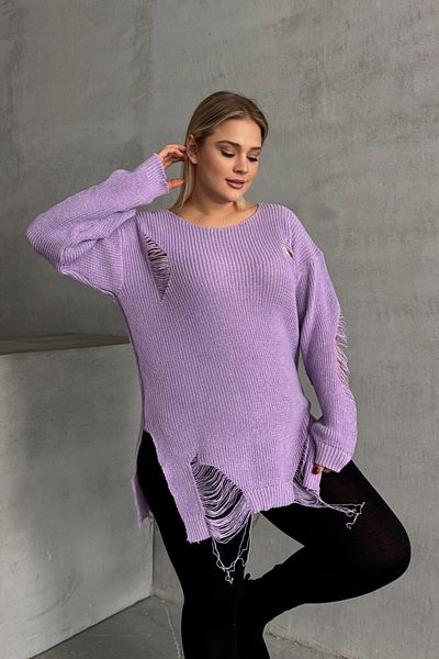 Stil Diva Plus Size Long Sleeve Crew Neck Ripped Detail Knitwear Sweater T-3
