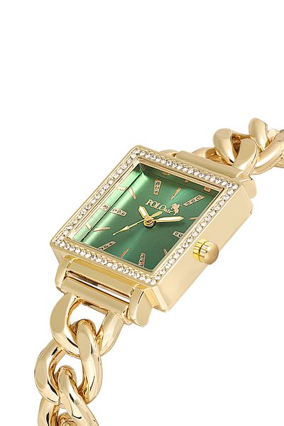 Polo Air Gold-Green Luxury Stoned Square Women's Wristwatch - Chain Cord Pl-1485B3X