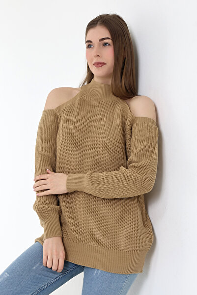 Devinka Kadın Yarım Balıkçı Omuz Dekolteli Salaş Triko Kazak