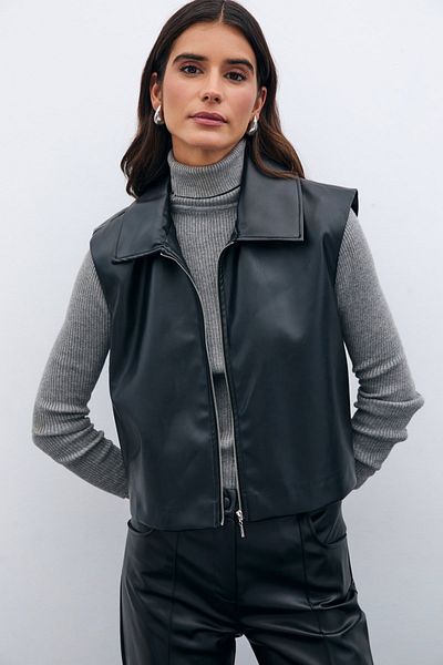 Sateen Zippered Leather Vest - Black