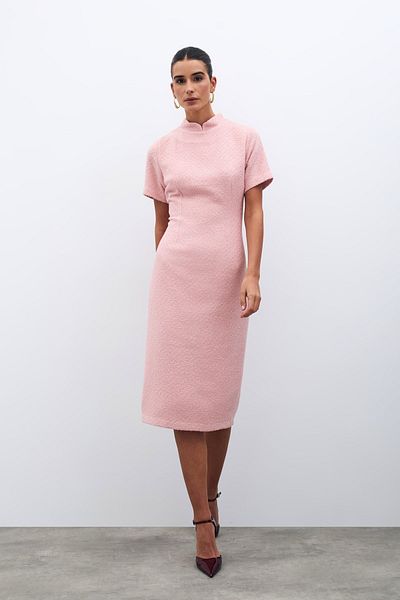 Sateen Stand Collar Tweed Dress - Powder