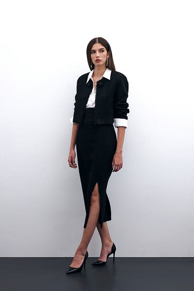 Sateen Fusta creion din tweed negru