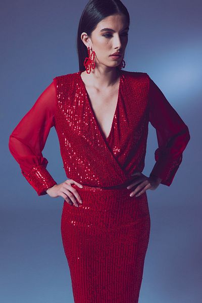 Sateen Bluză body cu mâneci din șifon - roșu