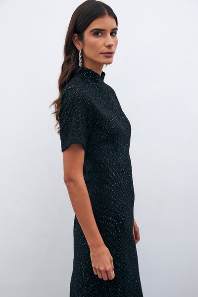 Sateen Dik Yaka Tüvit Elbise - Siyah