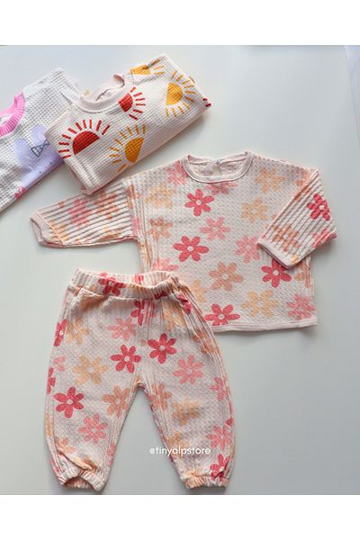 Necix's Design Patterned Waffle Fabric Soft Comfortable Fabric Soft Color Baby Girl Bottom Top Set