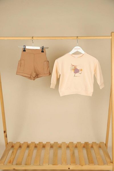 NK 09-36 Months Baby Girl Cream-Brown Color Rabbit Sweat Shorts Set