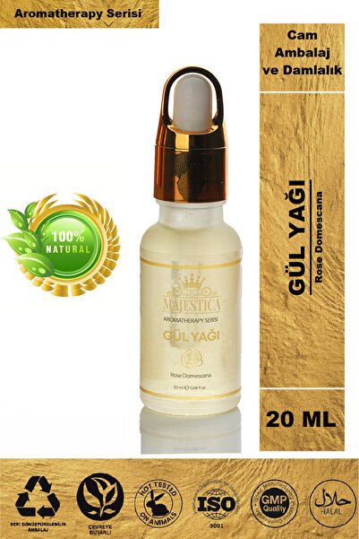 Majestica Gül Yağı 20 ml Doğal, Rose Damascena Oil, 100% Doğal Distilasyon, Cilt ve Saç Bakım Yağı,
