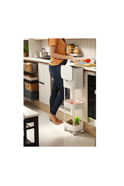 Dükkanönü White 15 Liter Double Shelf Unit with Wheels Functional Lid Bathroom and Kitchen Trash Can White