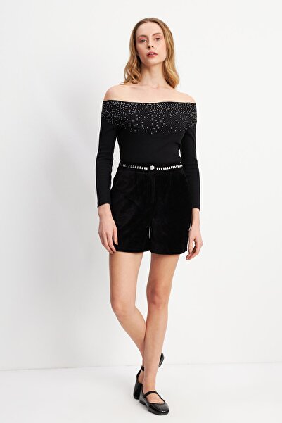 Hanna's by Hanna Darsa İki Cepli Beyaz Taş Detaylı Kadife Şort