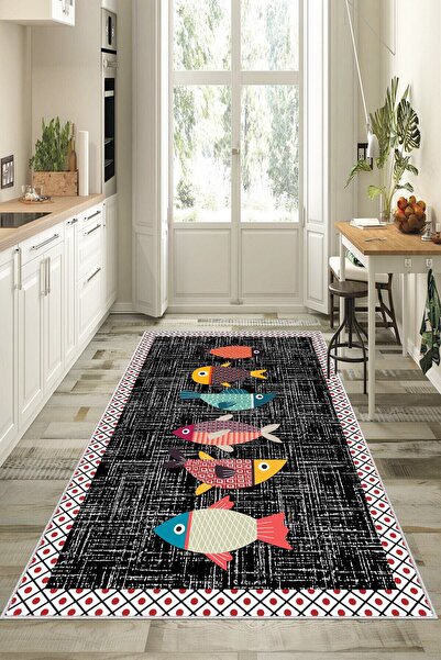 Zeria Home Kaymaz Taban Yıkanabilir Dijital Baskı Mutfak Halısı Halı Yolluk